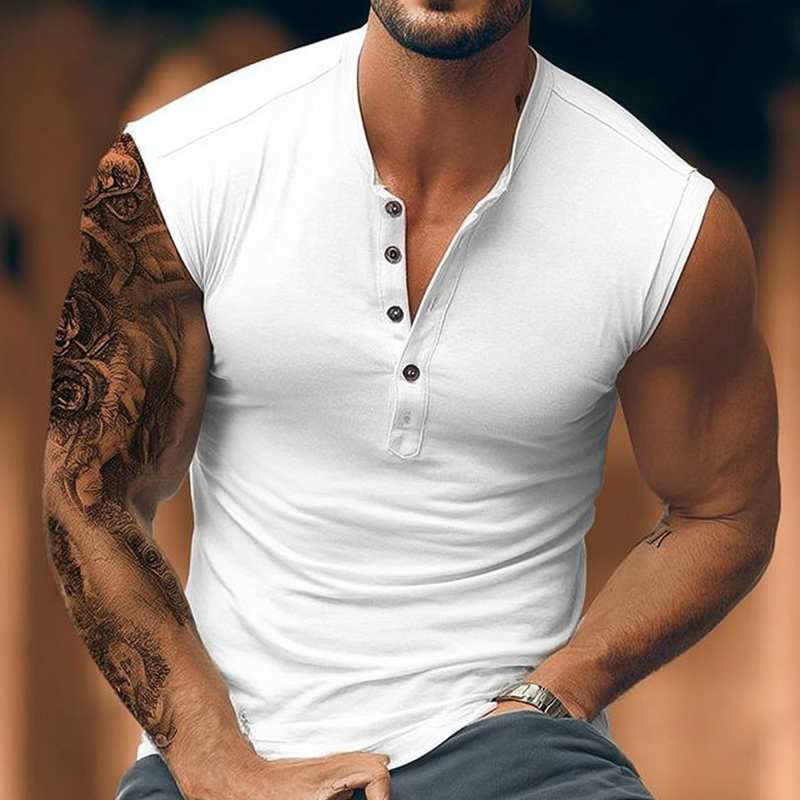 Men's Cotton Blend Henley Neck Sleeveless Tank Top MTA1433G8X