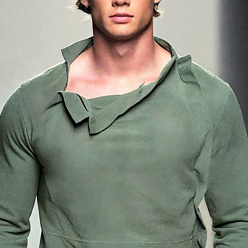 Men's Solid Color Irregular Collar Long Sleeve Washed Cotton T-shirt MTA0432H4Z