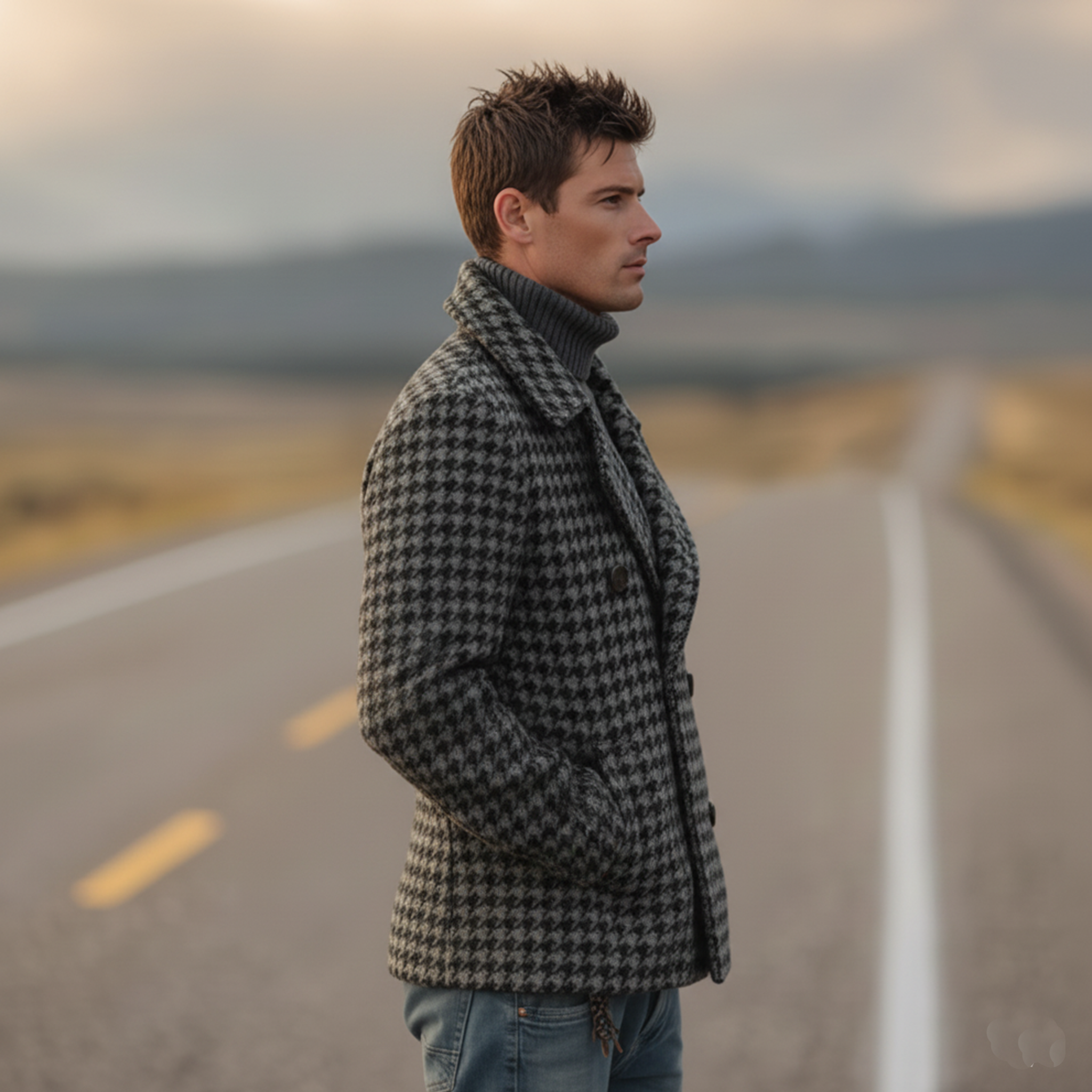 Men's Classic Retro Lapel Double-breasted Faux Houndstooth Wool Jacket MTA3139J3K