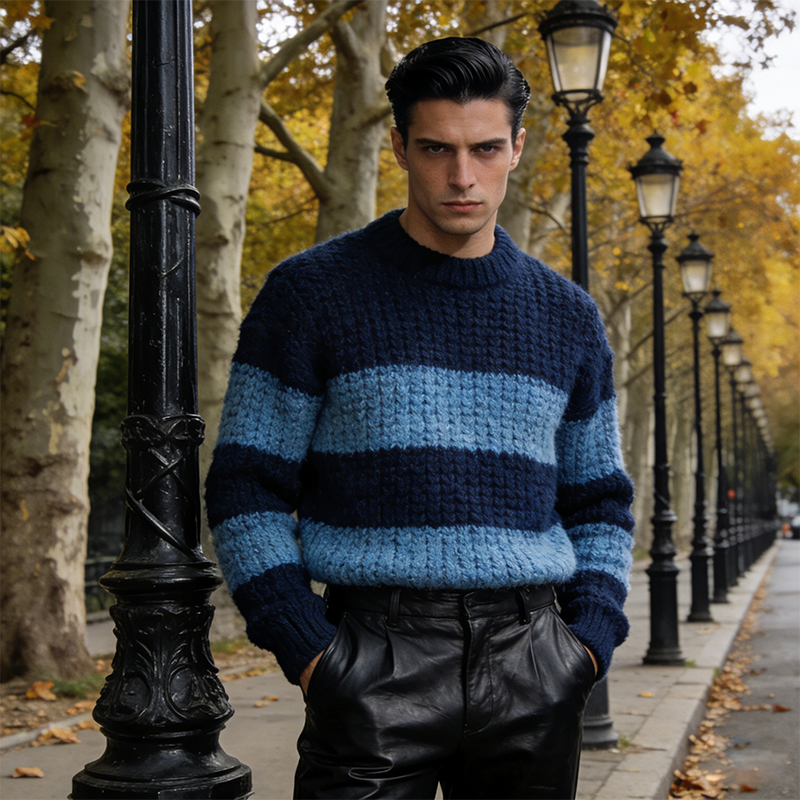 Men's Retro Casual Striped Knit Crew Neck Sweater MTA1534L2TO