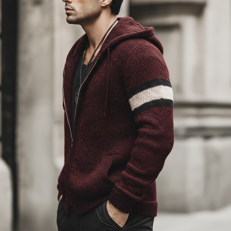 Men's Urban Casual Dark Red Hooded Knitted Zip-up Cardigan MTA0800L4U