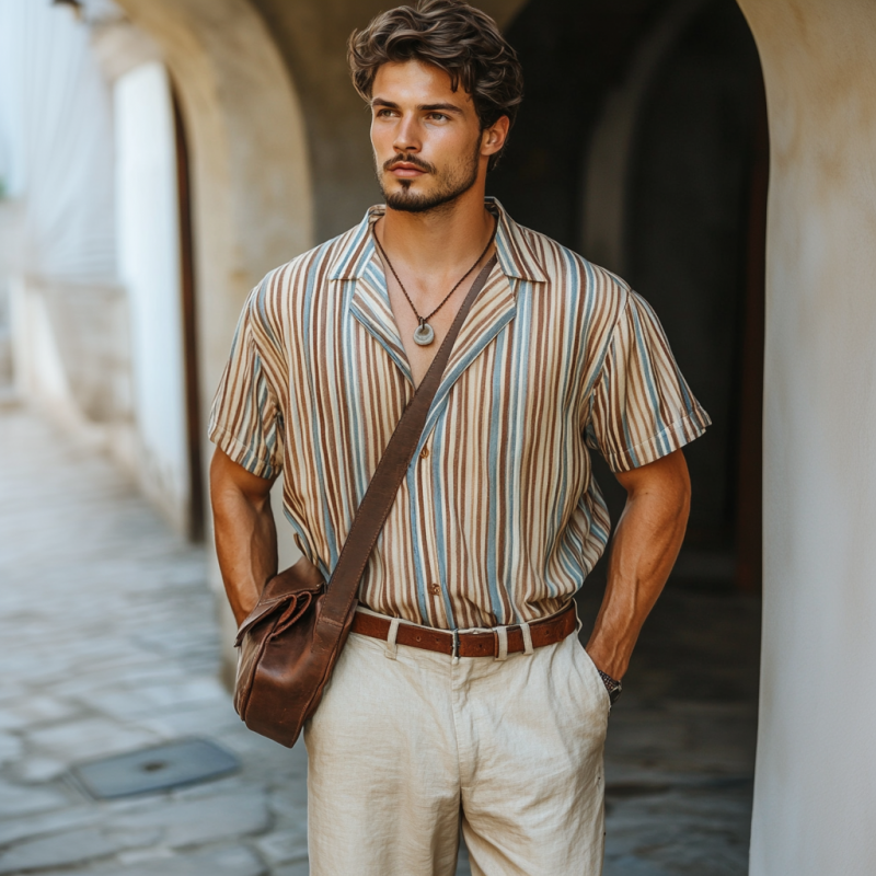 Men's Casual Colorful Striped Digital Print Cuban Collar Loose Short Sleeve Shirt MTA2345E1M