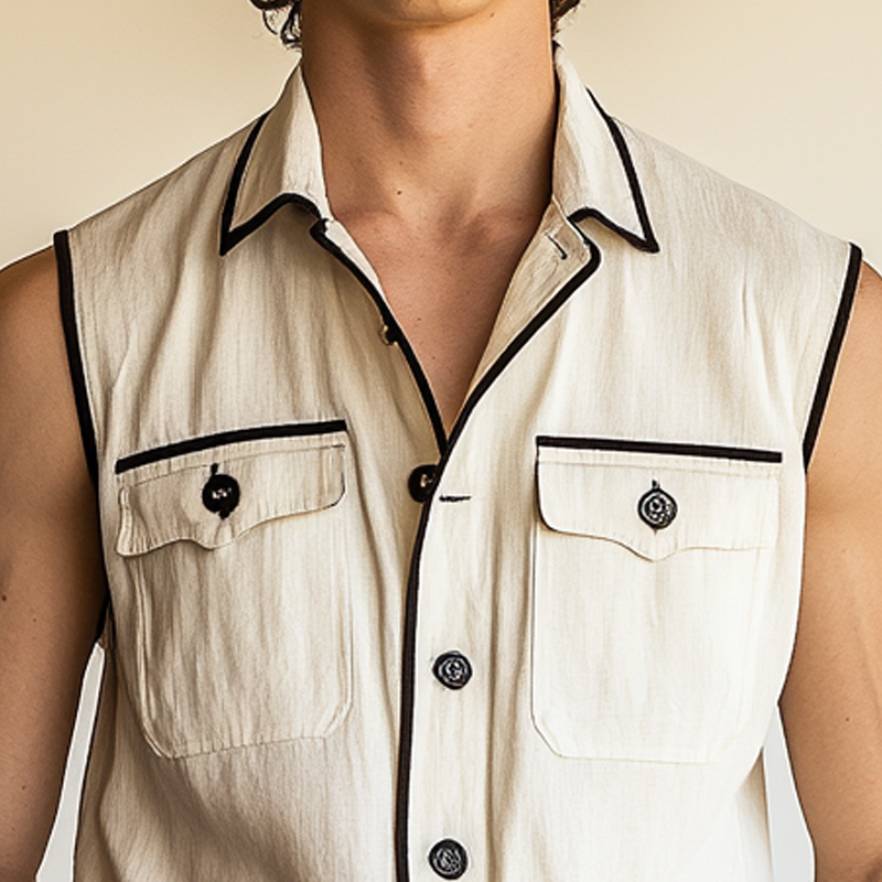 Men's Contrast Multi-Pocket Sleeveless Lapel Shirt MTA2087F5X