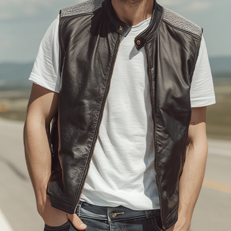 Men's Spring And Summer Fashion Casual Shoulder Splicing Mesh Fabric Stand Collar Zipper Leather Vest MTA0309G5K