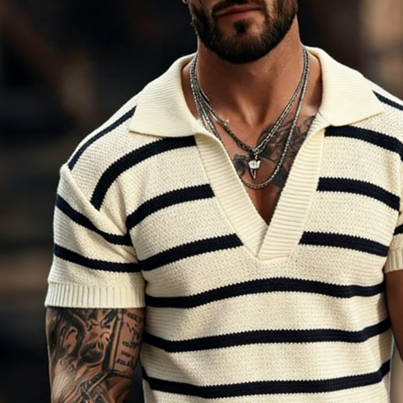 Men's Retro Casual Striped Knitted Polo Shirt MTZ2769A9TO