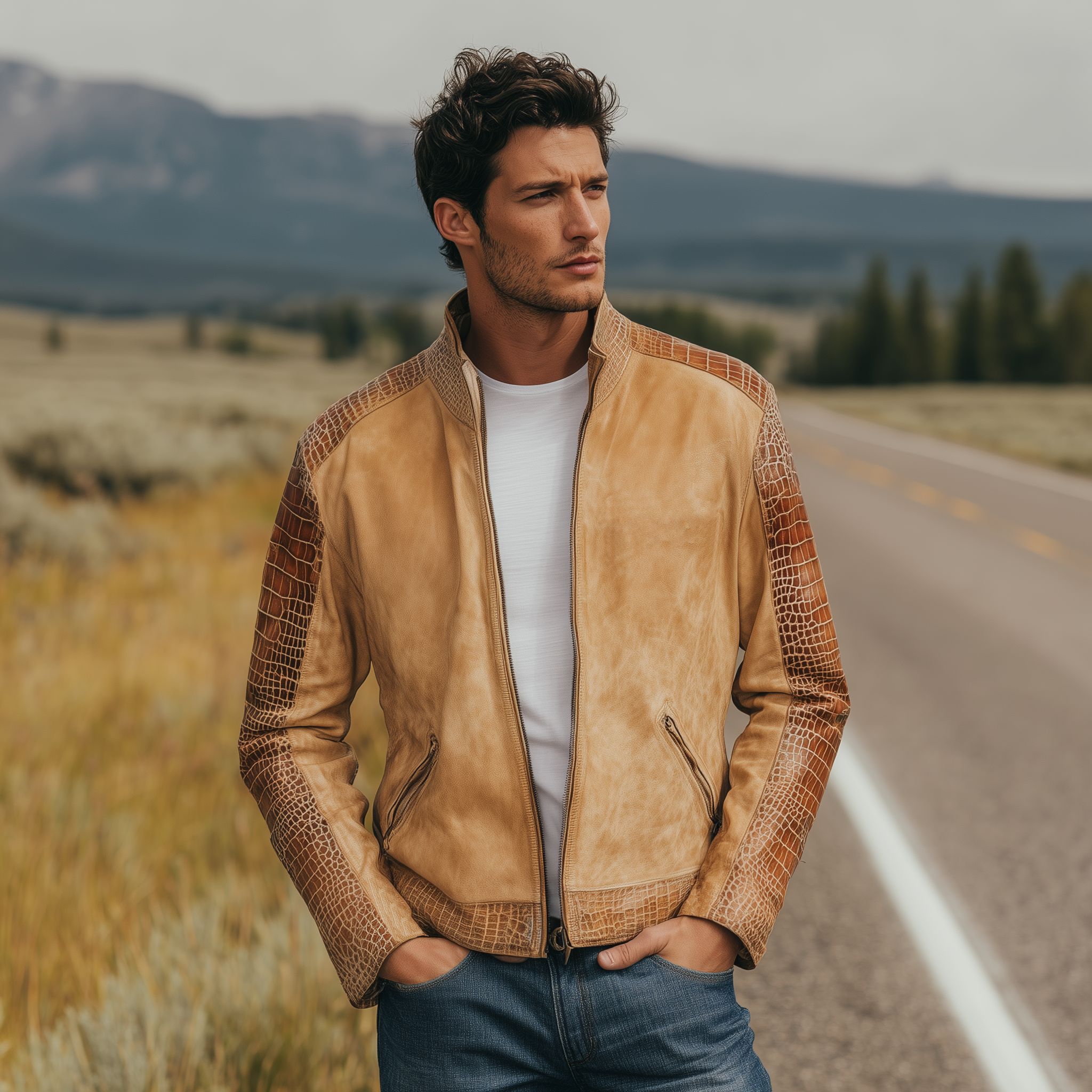 Men's Classic Retro Western Cowboy Style Stand Collar Textured Leather Patchwork Zipper Jacket MTA0575H0K