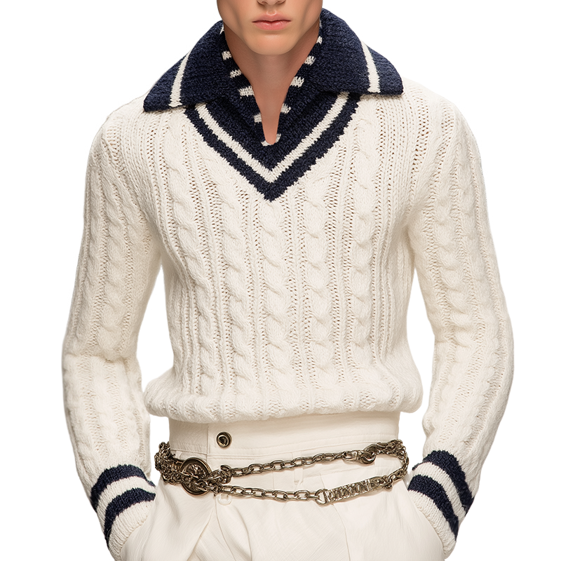 Men's Retro Casual Colorblock Navy Lapel Cable Knit Sweater MTA0193I1TO