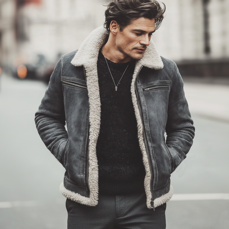 Men's Classic Warm Suede Lambswool Lined Zip-Up Jacket MTA0570L7U