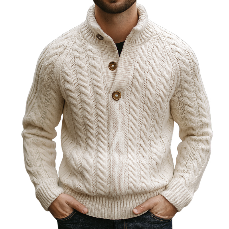 Men's Retro Casual Cable Knit Button-Up Collar Pullover Sweater MTA3053J6TO