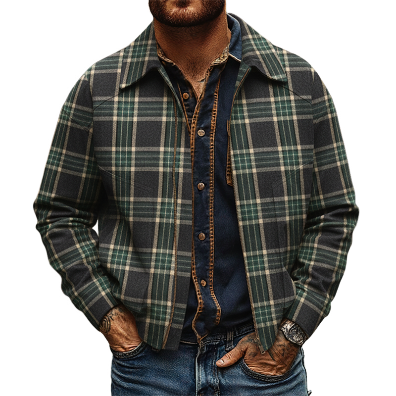 Men's Retro Brushed Plaid Lapel Zip-Up Jacket MTA2466K0X