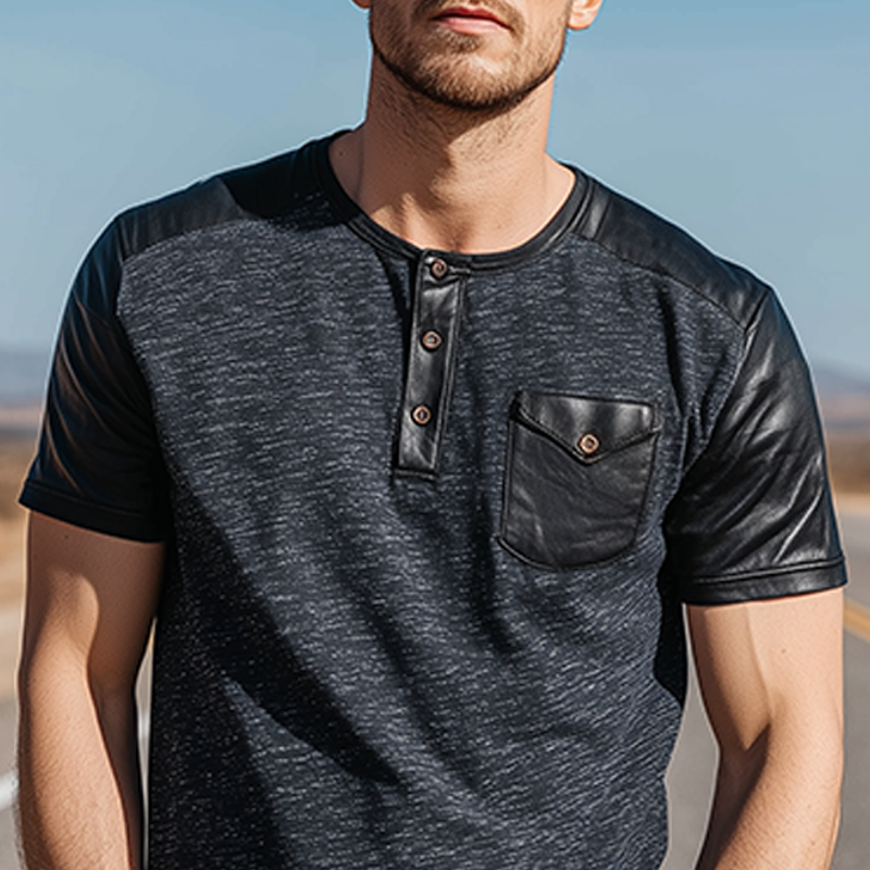 Men's Classic Casual Cotton Blend Splicing PU Leather Henley Collar Short Sleeve T-Shirt MTA0346G1K