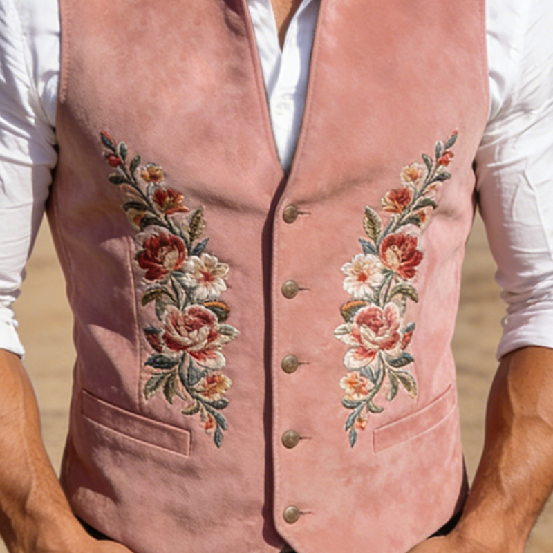 Men's Retro Casual Faux Suede Embroidered Stand Collar Vest MTZ1262A9TO