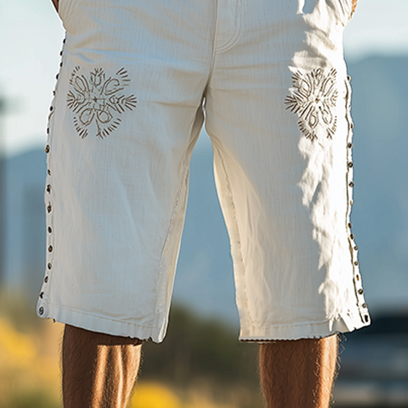 Men's Spring And Summer Casual Western Cowboy Style Cotton And Linen Embroidery Side Decorative Rivets Loose Length To Knee Shorts MTA1620E5K