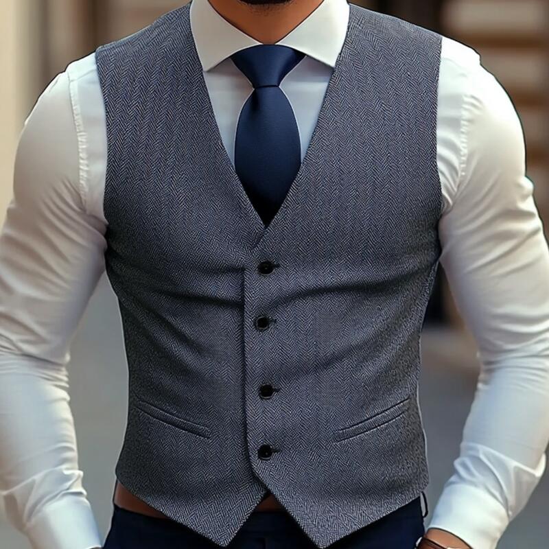 Men's Vintage Wool Blend Herringbone V-Neck Single-Breasted Slim-Fit Suit Vest MTA2770H7M