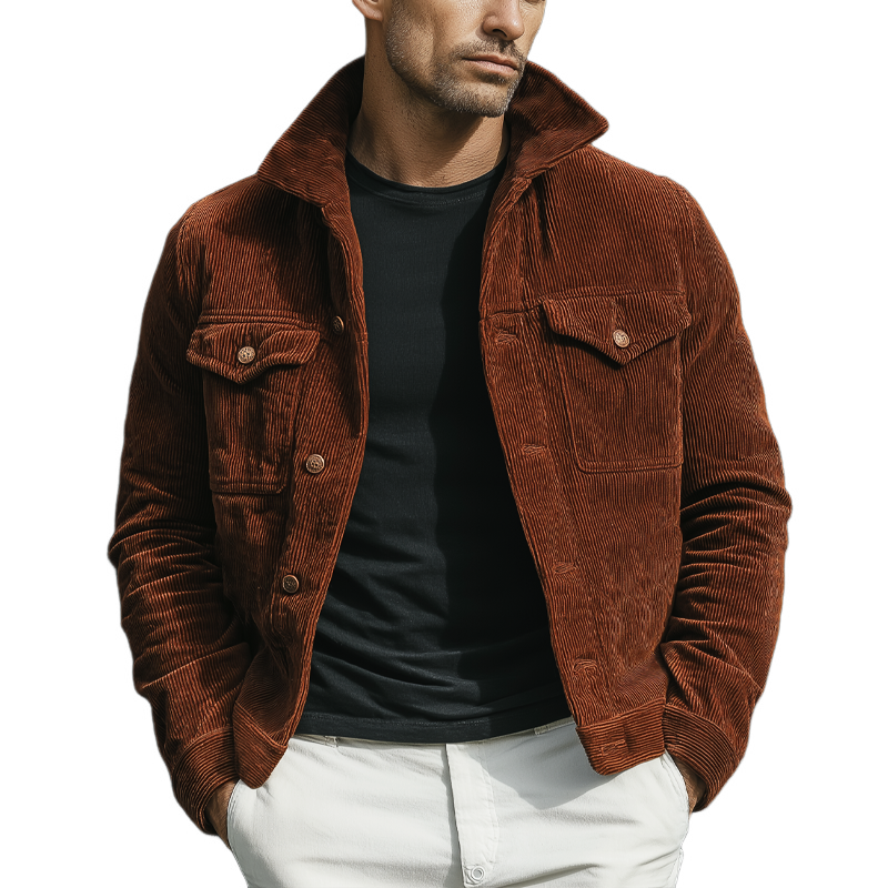 Men's Vintage Reddish Brown Corduroy Button-Up Jacket MTA2820J9U