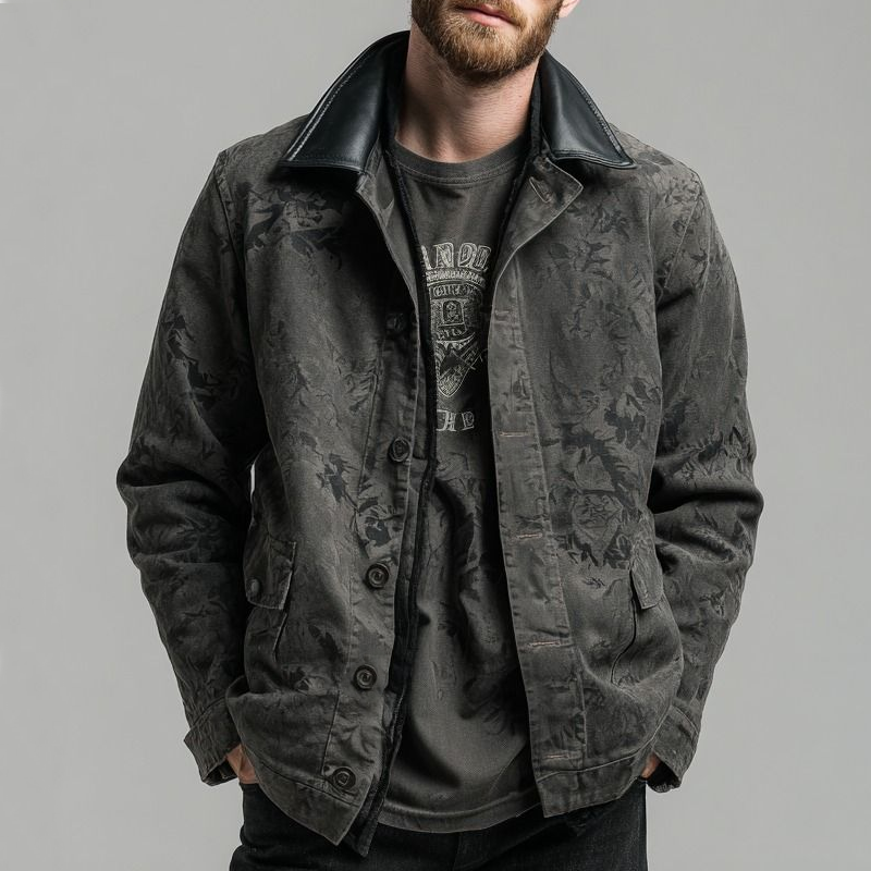 Men's Vintage Dark Print And PU Leather Collar Button Jacket MTA2151J4U