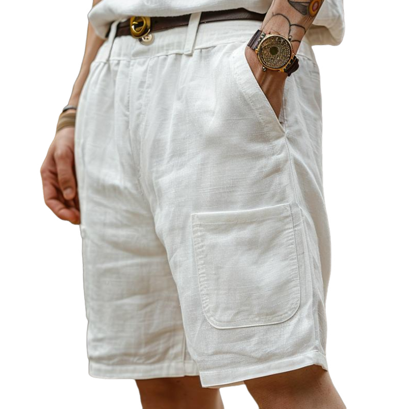 Men's Casual Cotton And Linen Multi-pocket Beach Shorts MTA0732F1Y