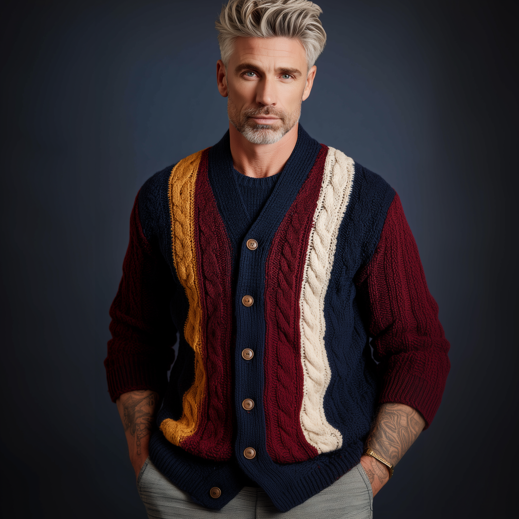 Men's Autumn And Winter Retro Color-Contrast Twist Pattern Knitted Cardigan MTA0894I8P
