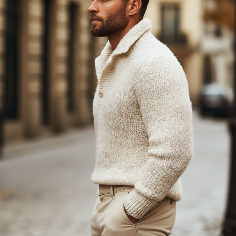 Men's Basic Off-white Single-button Polo Collar Sweater MTA1156K7U