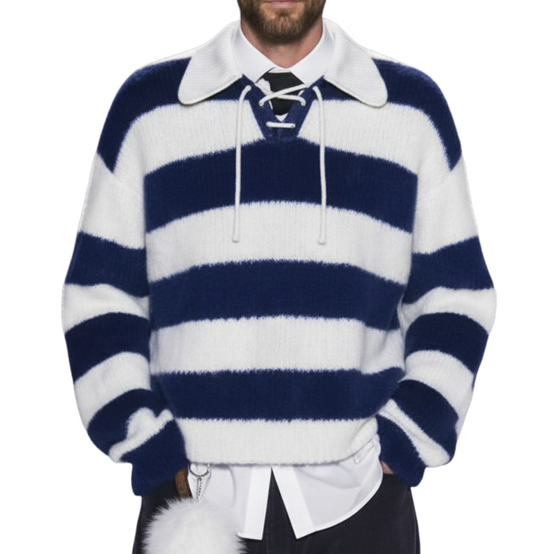 Men's Fashion Color Block Striped Tie-Neck Casual Knit Sweater MTA1068K7U