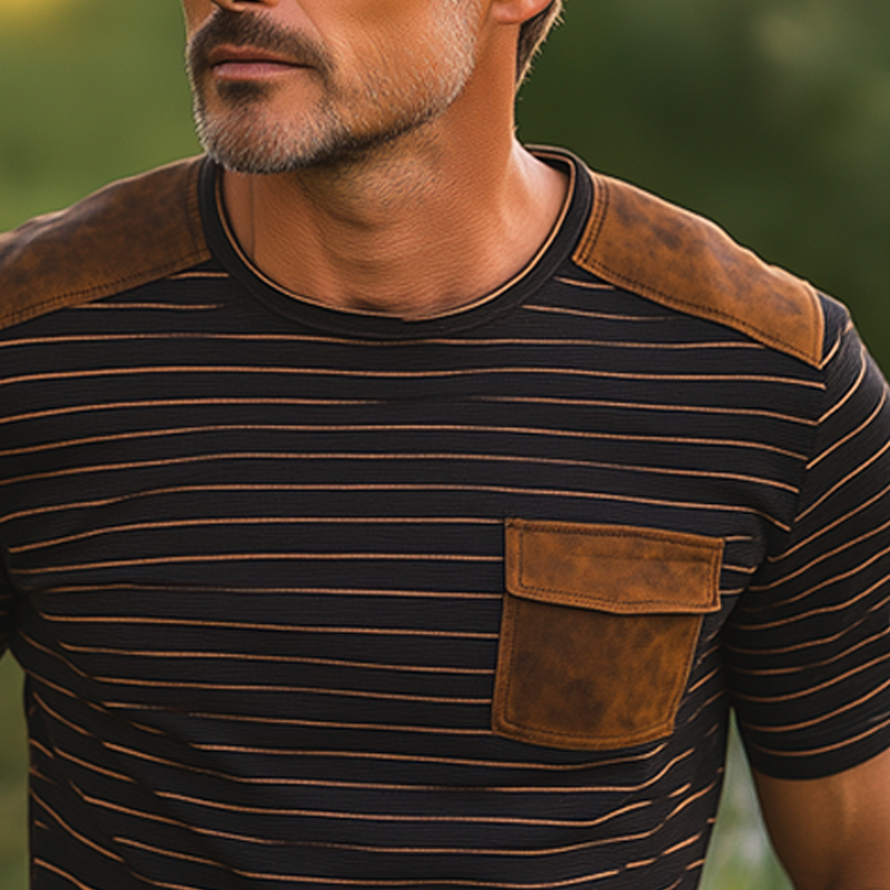 Men's Classic Striped PU Leather Crew Neck T-Shirt MTA2124F7U
