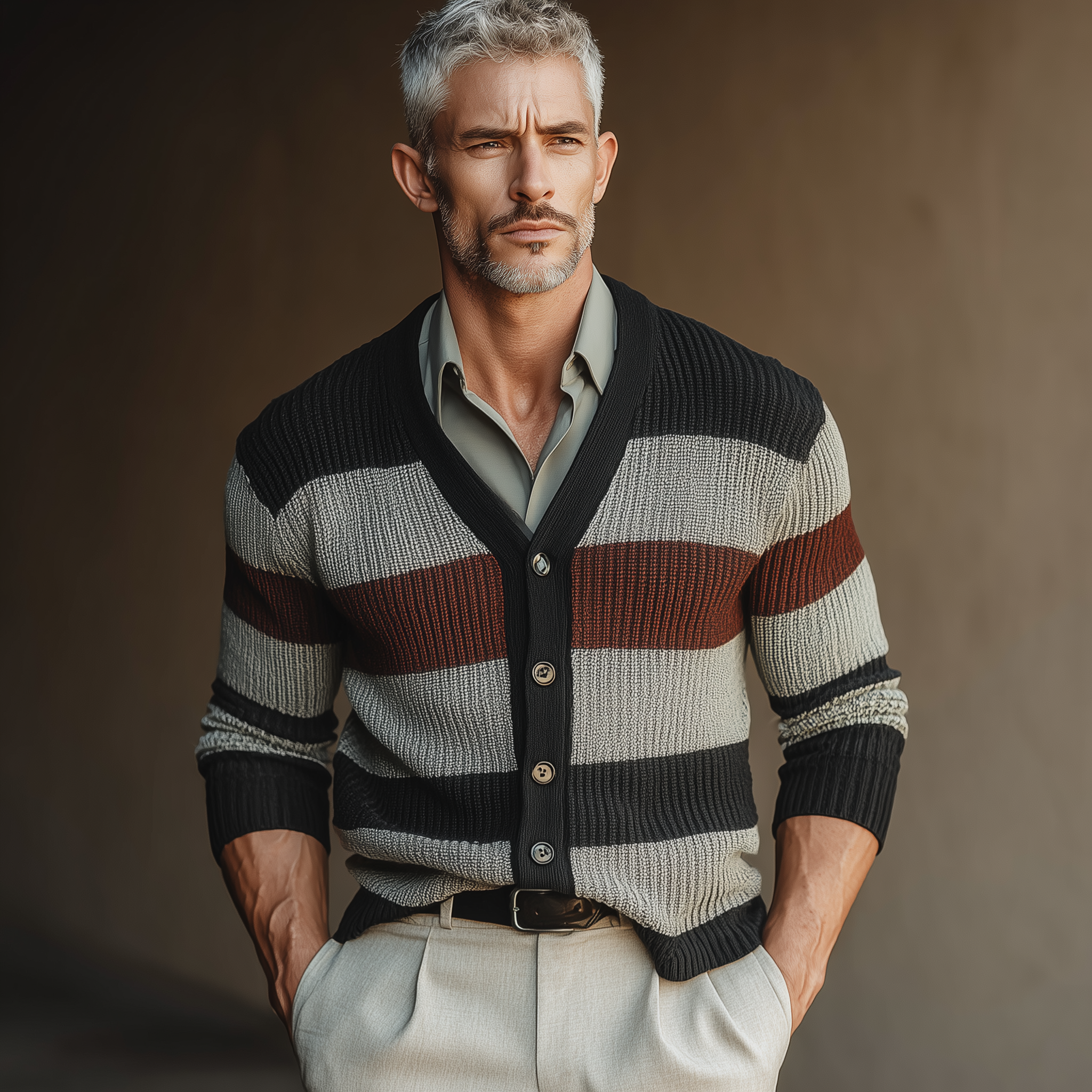 Men's Autumn Fashion Contrast Stripe Knitted Sweater Cardigan MTA1644I4P