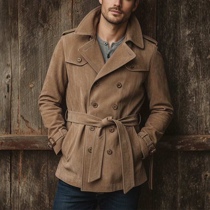 Men's Winter Vintage Double-Breasted Faux Suede Jacket (Includes Belt) MTA1488J0P