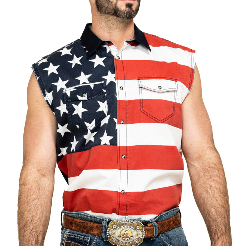 Men's Summer Western Cowboy Style Printed Blended Sleeveless Shirt MTA1421E2P