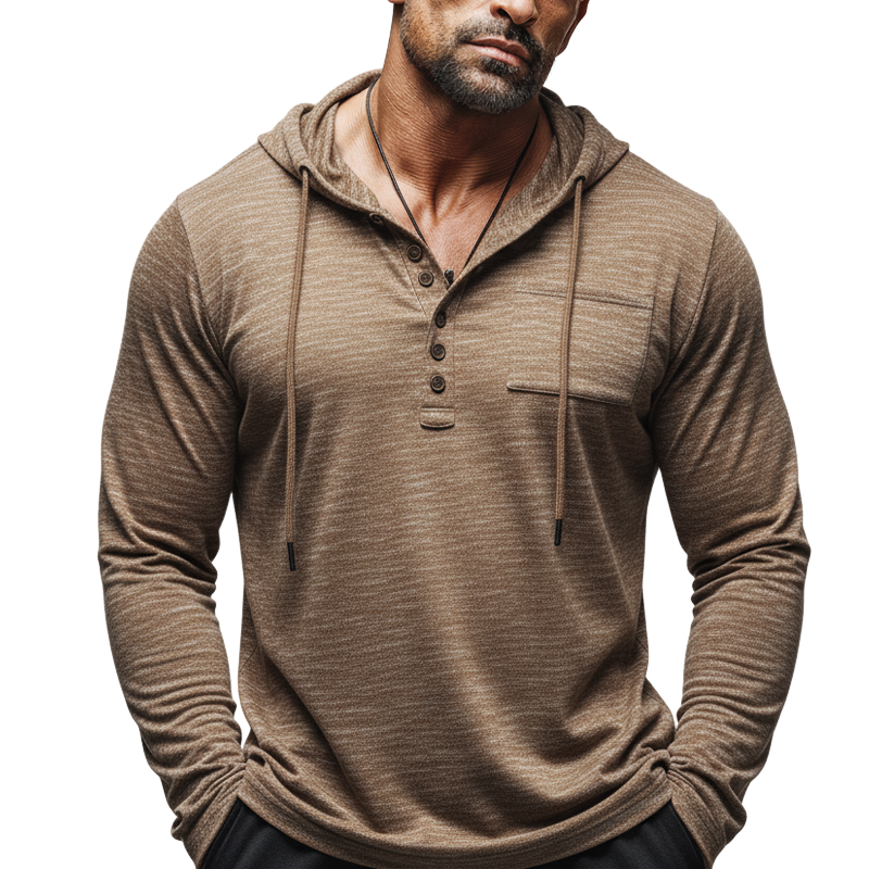 Men's Urban Brown Button-down Collar Hooded Sweatshirt MTZ0900B0U