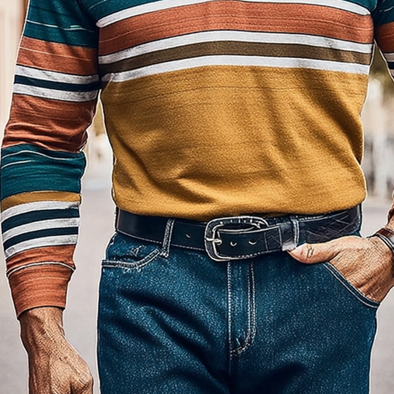 Men's Color Block Striped V-Neck Long-Sleeve T-Shirt MTA3054K4X