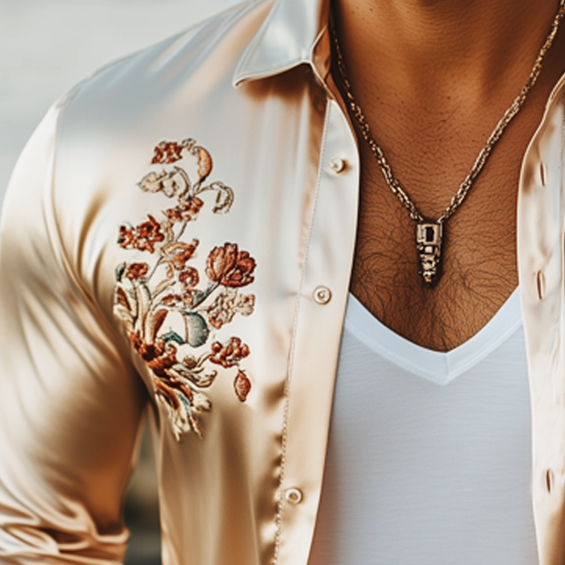 Men's Classic Champagne Satin Floral Embroidered Long Sleeve Shirt MTA2498G6U