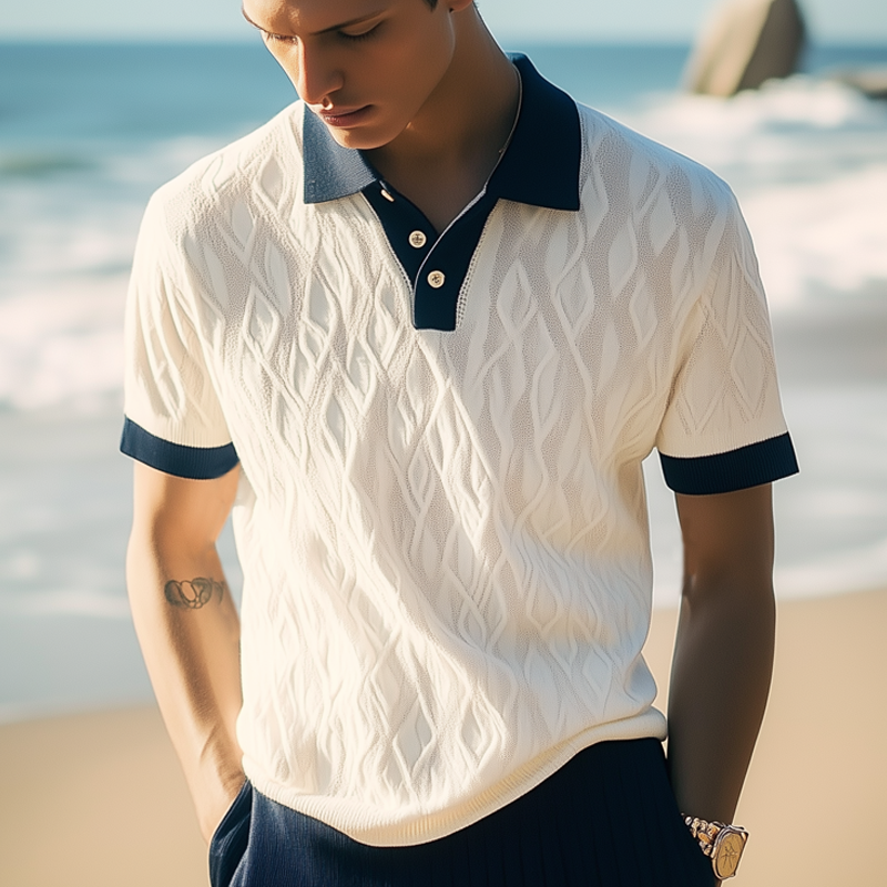 Men's Summer Classic Jacquard Knit Polo Neck Short Sleeve T-Shirt MTA0232G9U