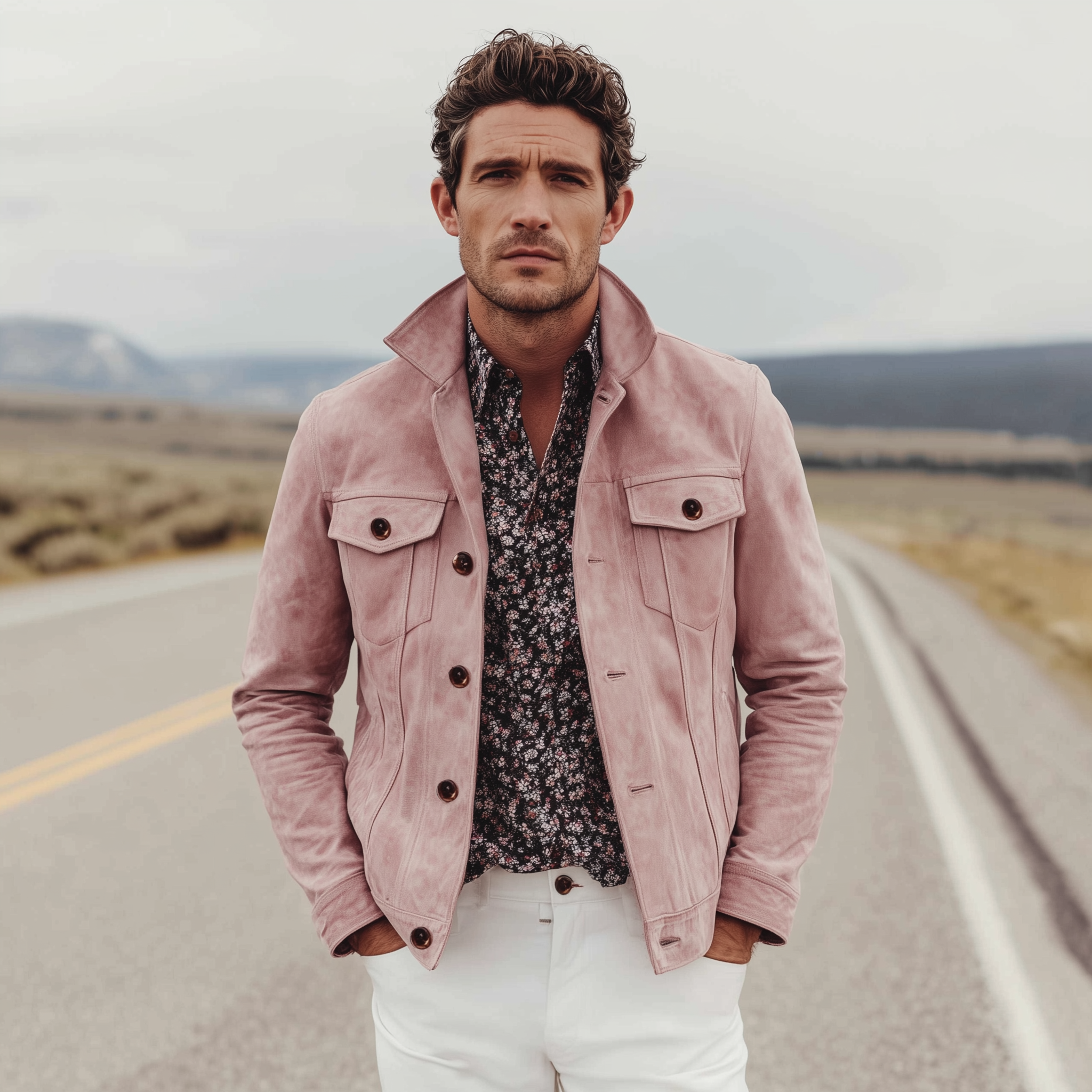 Men's Classic Casual Western Style Pink Suede Lapel Jacket MTA2709H7K