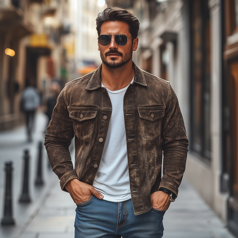 Men's Vintage Distressed Washed Denim Lapel Single-breasted Flap Chest Pocket Slim Fit Long-sleeved Shirt MTA1412H8M