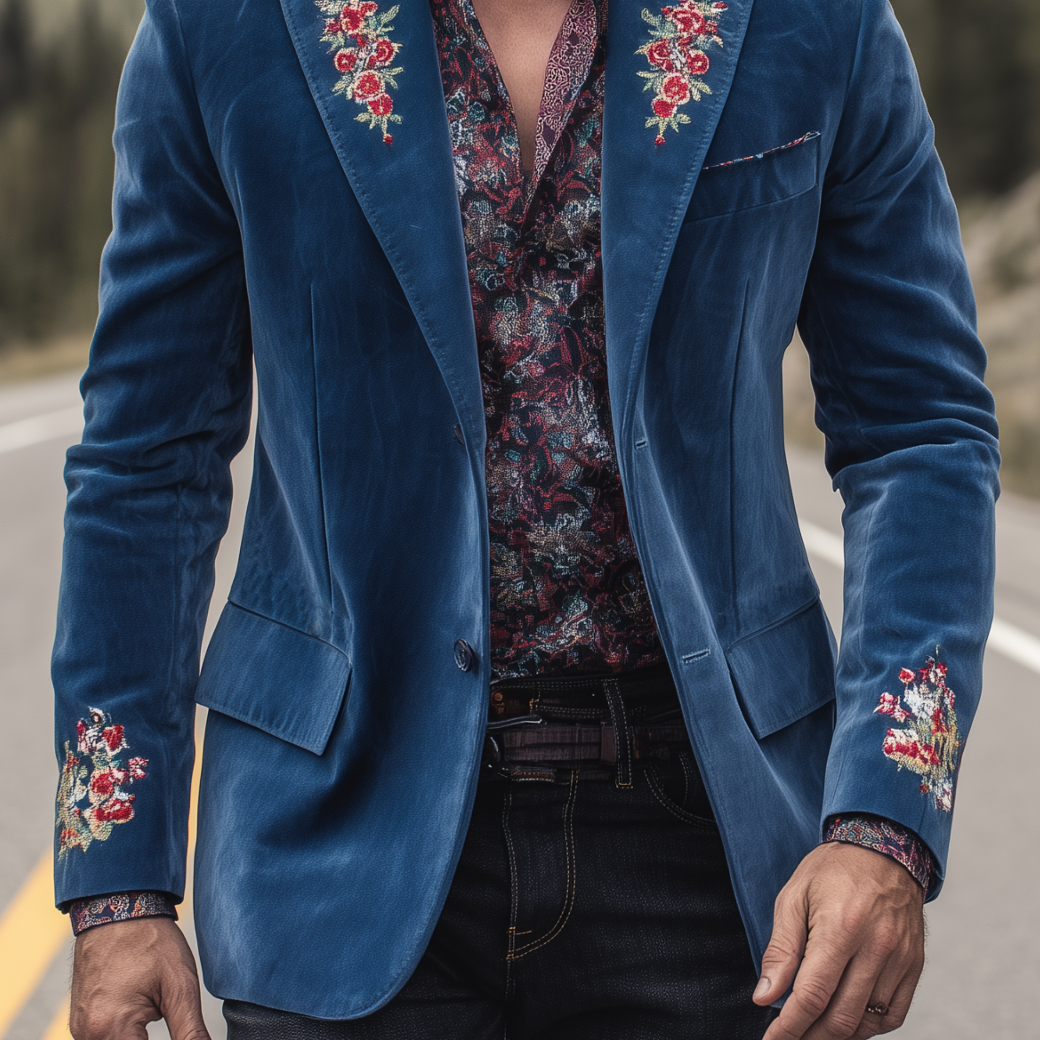 Men's Classic American Retro Western Style Embroidered Suede Single-breasted Blazer MTA1920H5K