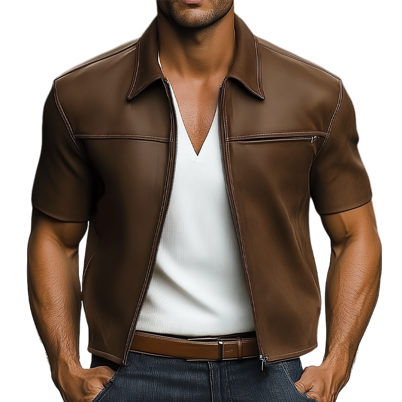 Men's Summer Light Leather Zip-Up Short Sleeve Shirt MTA1644F2U