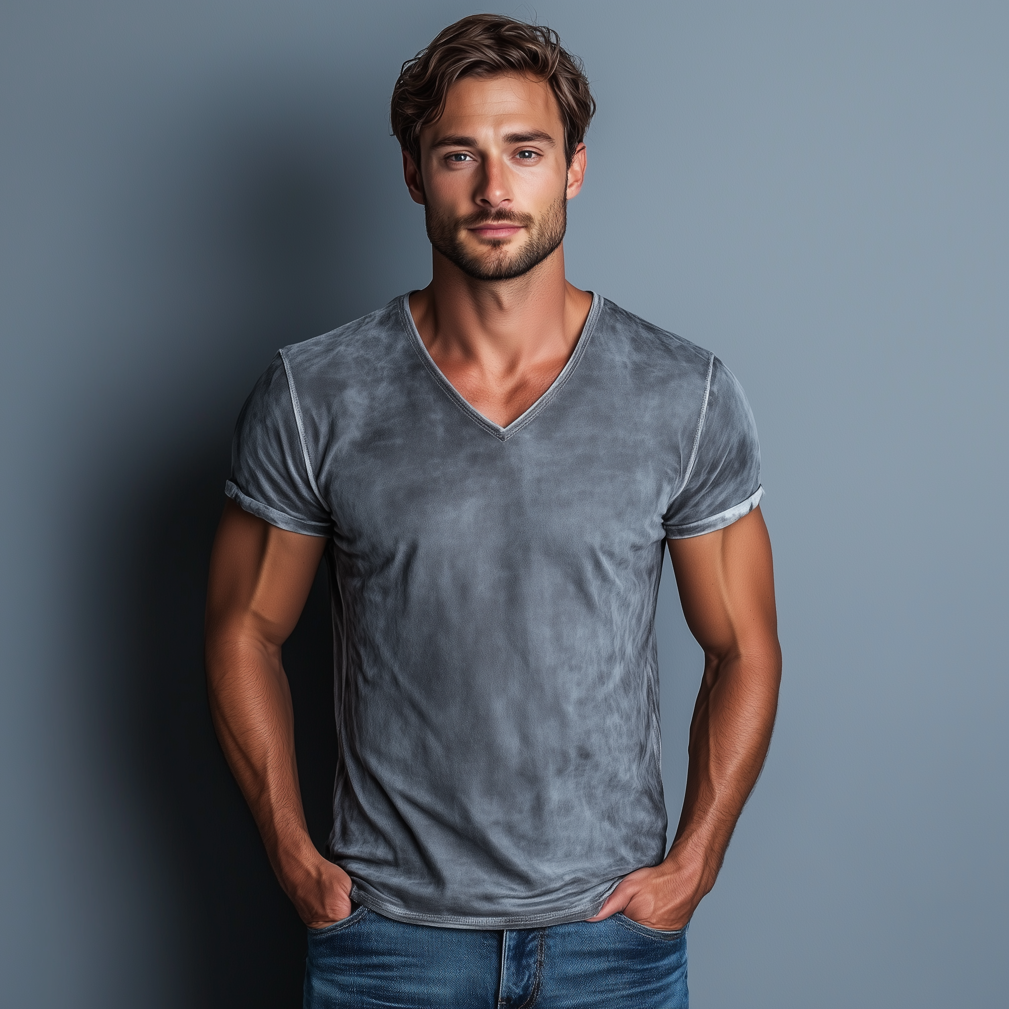 Men's Classic Casual Thin Suede Washed Distressed V-neck Slim Short-sleeved T-shirt MTA1920G5K