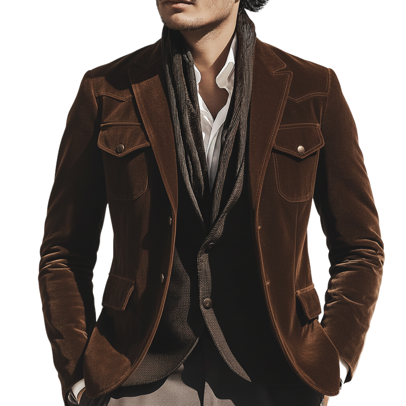 Men's Classic Brown Velvet Two-button Slim-fit Jacket MTA2825K9U