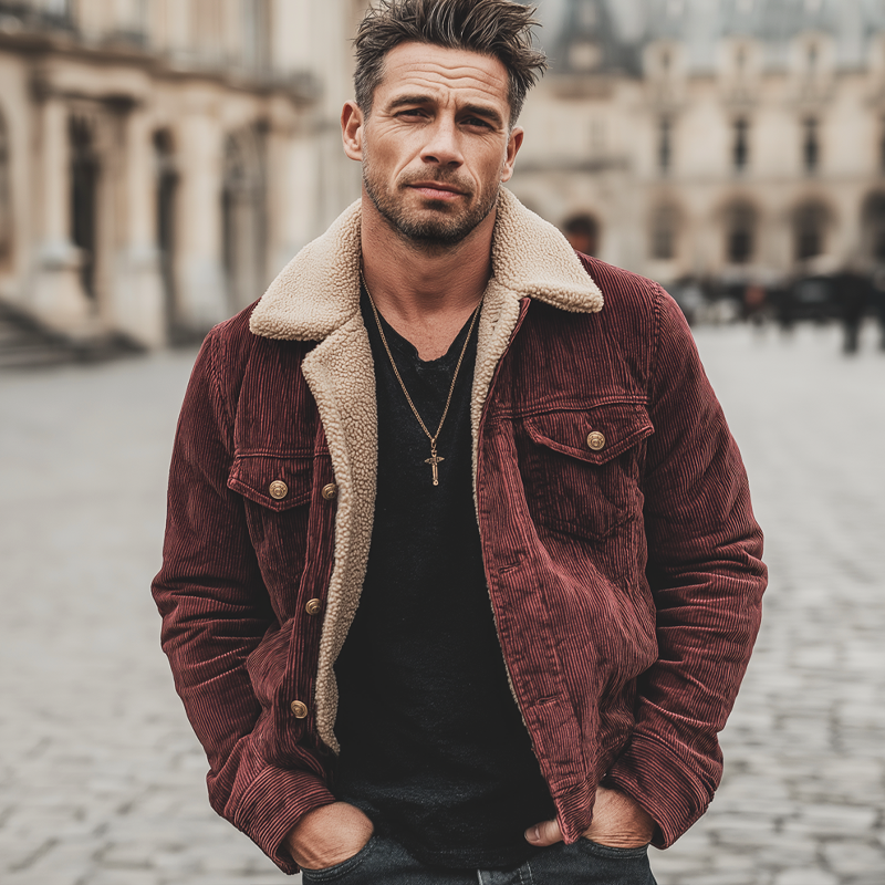 Men's Dark Red Corduroy Warm Lambswool Lined Button Jacket MTA1395K2U