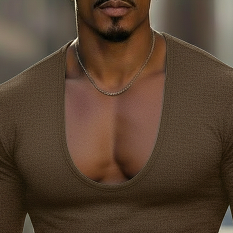 Men's Stylish Deep V-neck Polyester Blend Slim-fit Long-sleeved T-shirt MTZ1646A7P