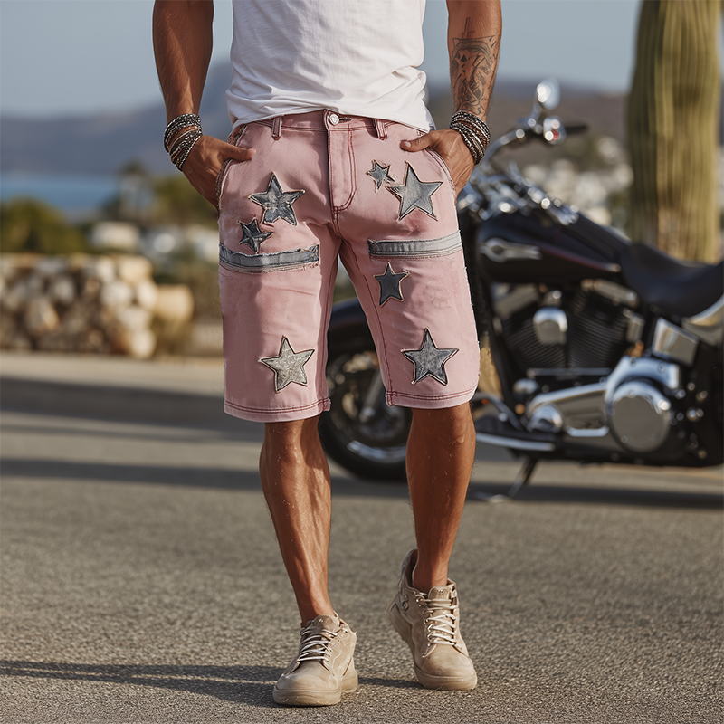 Men's Spring And Summer Fashion Casual Outdoor Washed Denim Patch Pattern Shorts MTA1808F9K