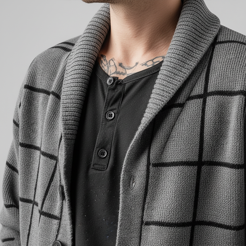 Men's Simple Plaid Cotton Knit Lapel Cardigan MTA1677J1P