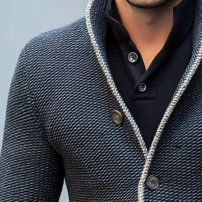 Men's Retro Textured Navy Blue Button Jacket MTA0871I9U