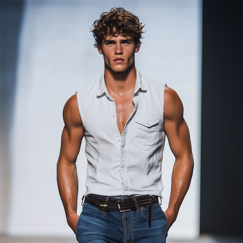 Men's Spring And Summer Fashion Casual Denim Washed Slim Fit Sleeveless Shirt MTA2302F0K
