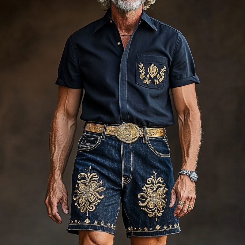 Men'S Fashion Retro Embroidered Lapel Short Sleeve Shirt MTA0916E9Z