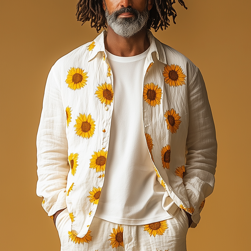 Men's Summer Fashion Sunflower Print Cotton And Linen Long Sleeve Shirt MTA1735F8P