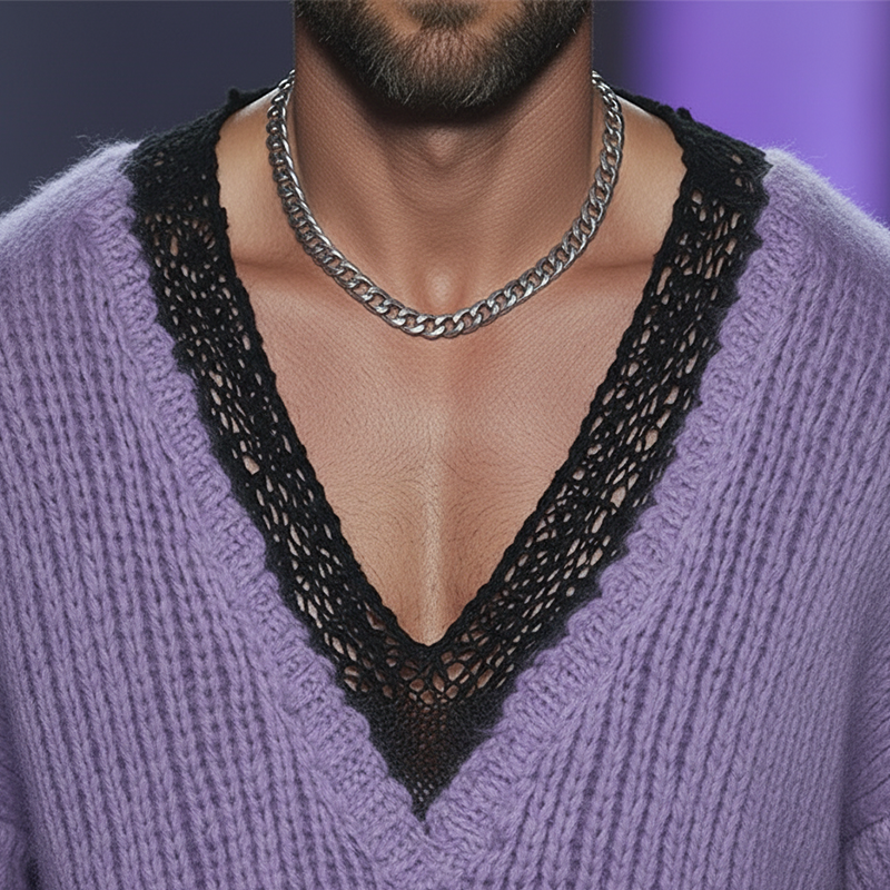 Men's Retro Cotton Yarn Knitted Lace V-Neck Sweater MTA1153L8P