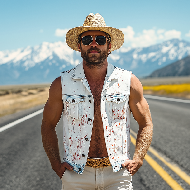 Men's Fashion Casual Washed Denim Personalized Ink Splash V-Neck Lapel Vest MTA2466F6K