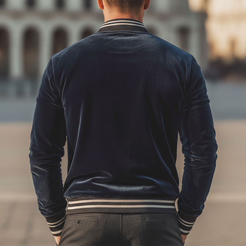 Men's Classic Urban Style Navy Velvet Embroidered Zip-up Jacket MTA2992L4U