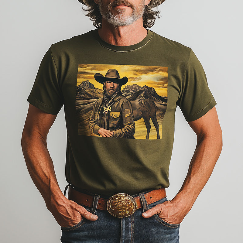 Men's Summer Western Cowboy Style Printed Cotton Blended Short Sleeve T-Shirt MTA2936D4P